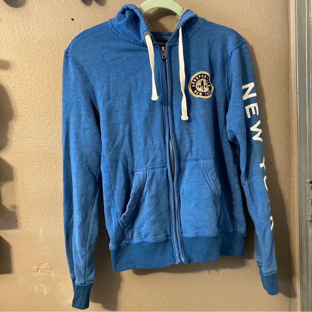 Aeropostale Blue Full-Zip Teddy Jacket with White Drawstrings